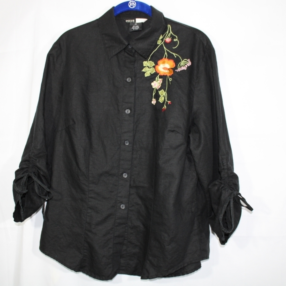 Focus Lifestyle Button-down Embroidered Floral Black Linen Blend Top Size Large